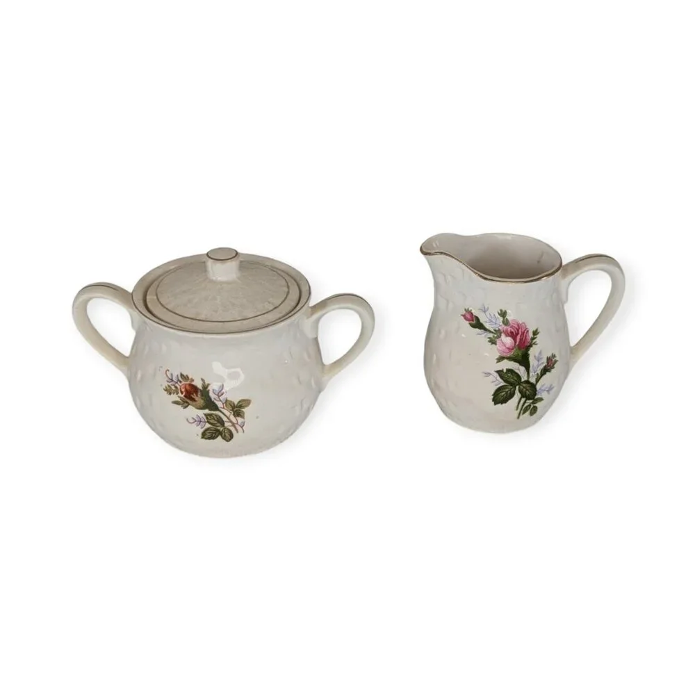 Vintage Floral Ceramic Creamer & Sugar set Rimmed in Gold Tone Accent